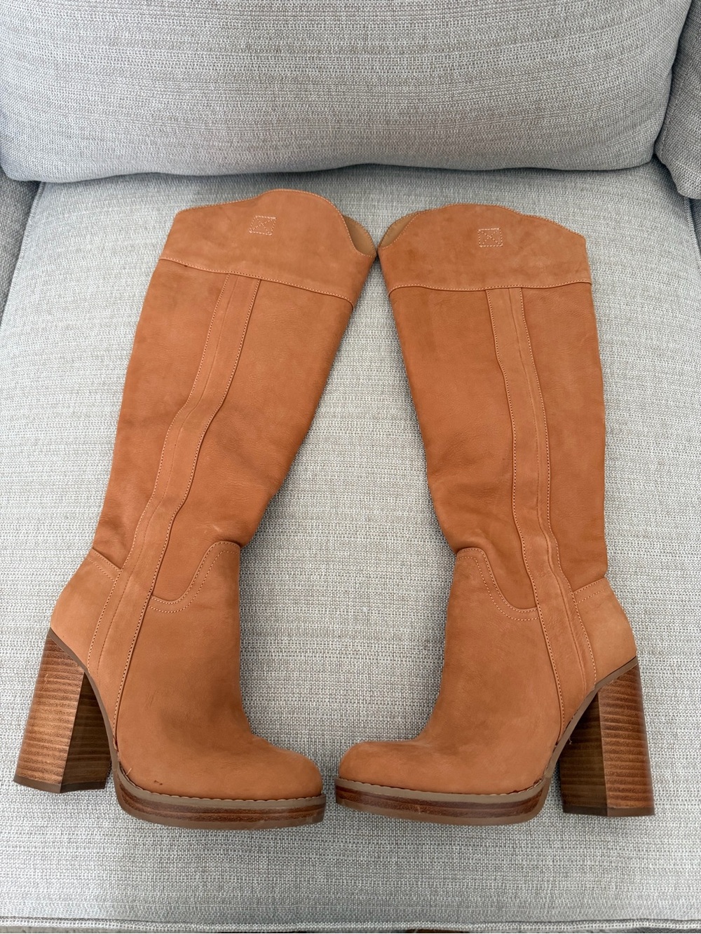 Jennifer Lopez Tall Suede Over-the-Knee Boots in Cognac